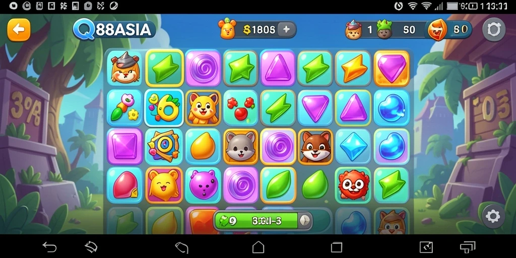 Tampilan menarik gameplay Match-3 di QQ88ASIA dengan kombinasi elemen warna-warni.